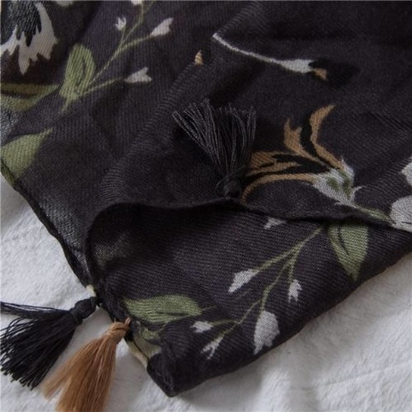 2/$30 NEW Floral Tasseled Scarf Black Long Rectangle Neutral Muted Minimalist - Picture 5 of 12
